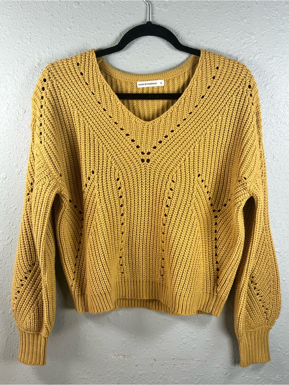 Moon & Madison Mustard Pointelle Balloon Sleeve Sweater | Size S - Picture 2 of 10